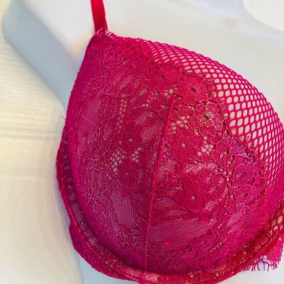 Victoria's Secret Very Sexy‎ Push Up Bra Size 34DD Lace Fish Net Detail Pink - Picture 3 of 9
